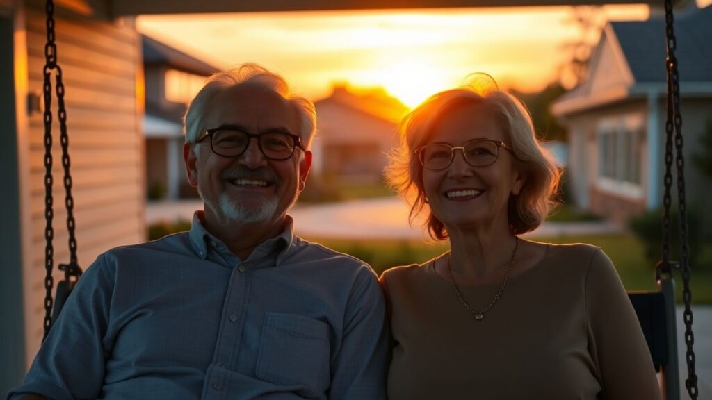 Couple on porch swing at sunset