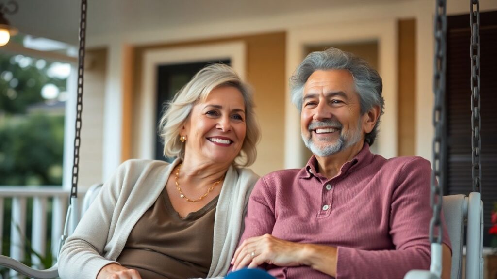 Couple on porch swing, happy and relaxed.