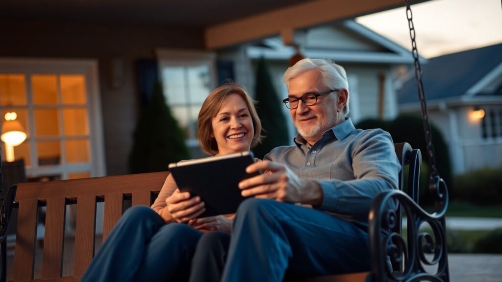 Couple on porch swing using a tablet