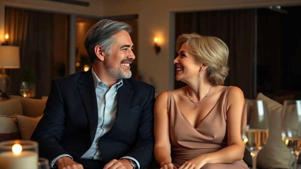 Couple preparing for a sophisticated evening event.