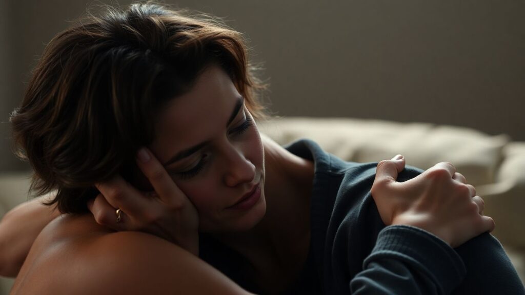 Couple reconnecting after an intense scene, showing care.