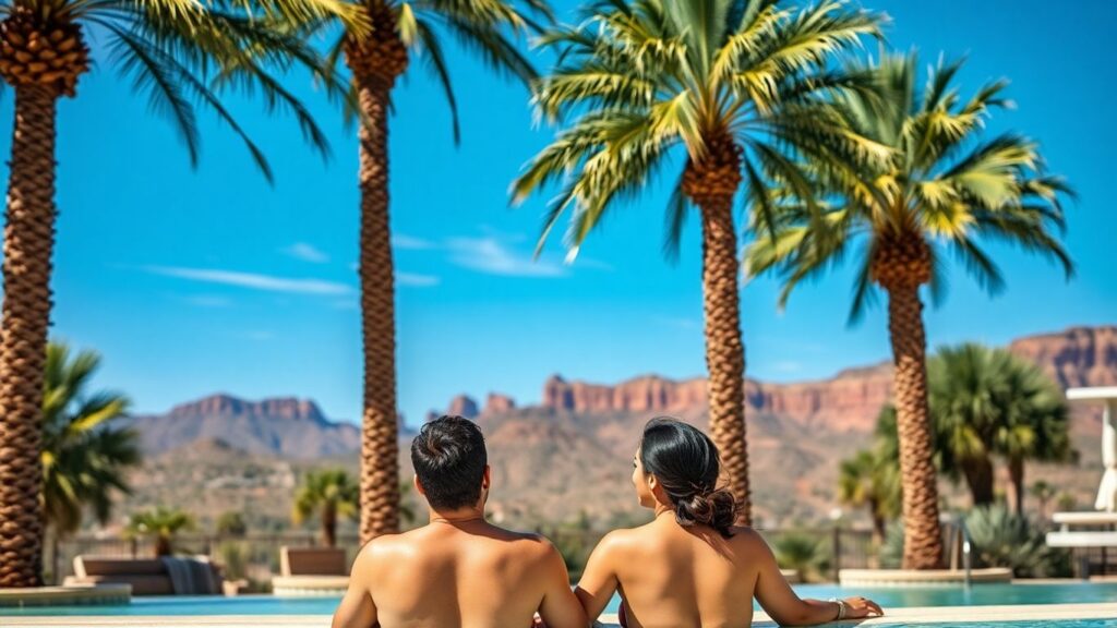 Couple relaxing by a pool in Arizona with red rocks.