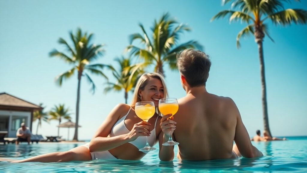 Couple relaxing by a resort pool with palm trees.