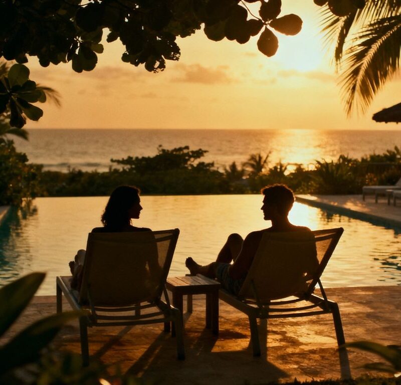 Couple relaxing by a secluded resort pool at sunset.