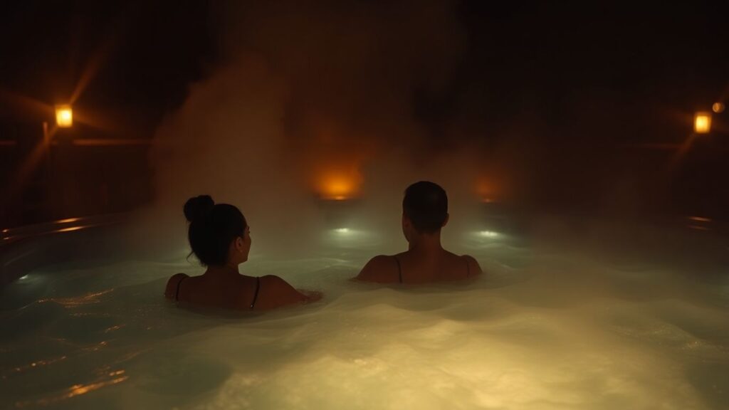 Couple relaxing in a steamy hot tub at night.