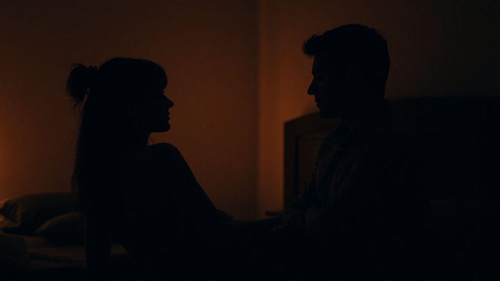 Couple sharing a secret glance in a bedroom.