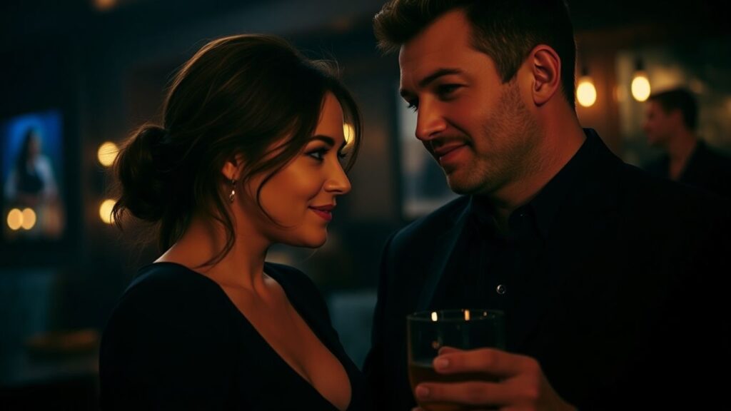 Couple sharing a secret glance in a dimly lit lounge.