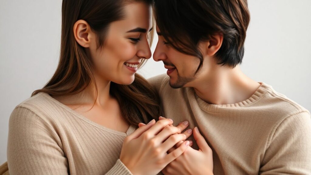 Couple sharing an intimate, comfortable moment of mutual masturbation.