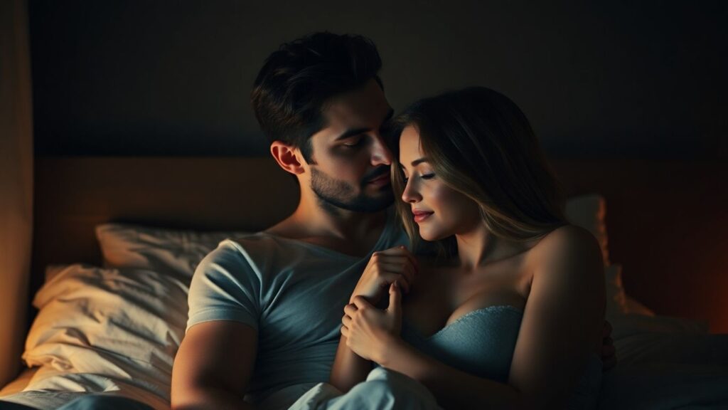 Couple sharing an intimate, warm moment in a bedroom.