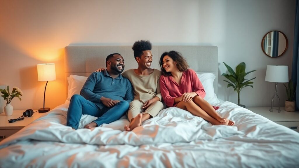 Couple smiling together in a cozy, welcoming bedroom.