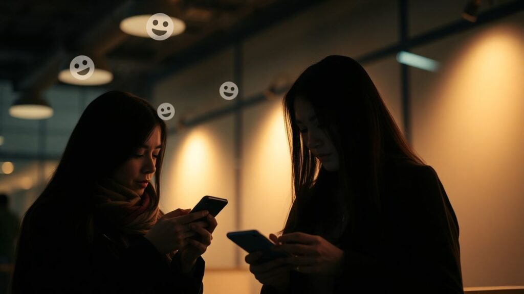 Couple using phones with digital icons floating around them.