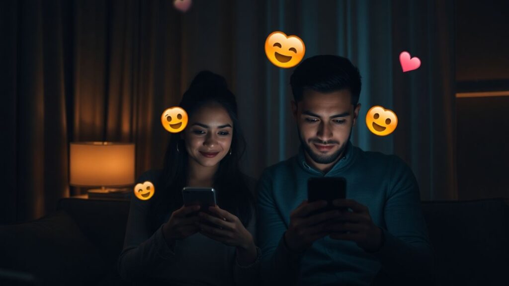 Couple using phones with emojis in a stylish room.