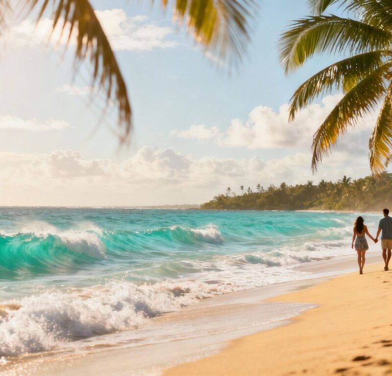 Couple walking on a tropical beach at sunset.