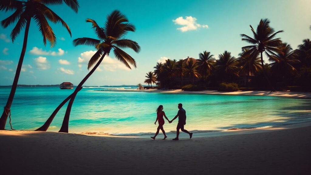 Couple walking on a tropical beach near a villa.