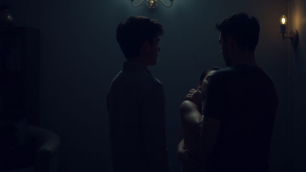 Couple watching intimate act, BDSM theme.