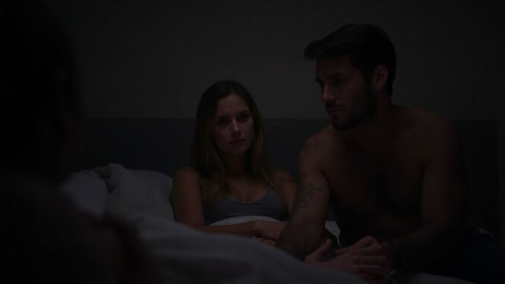 Couple watching intimate encounter, complex emotions.