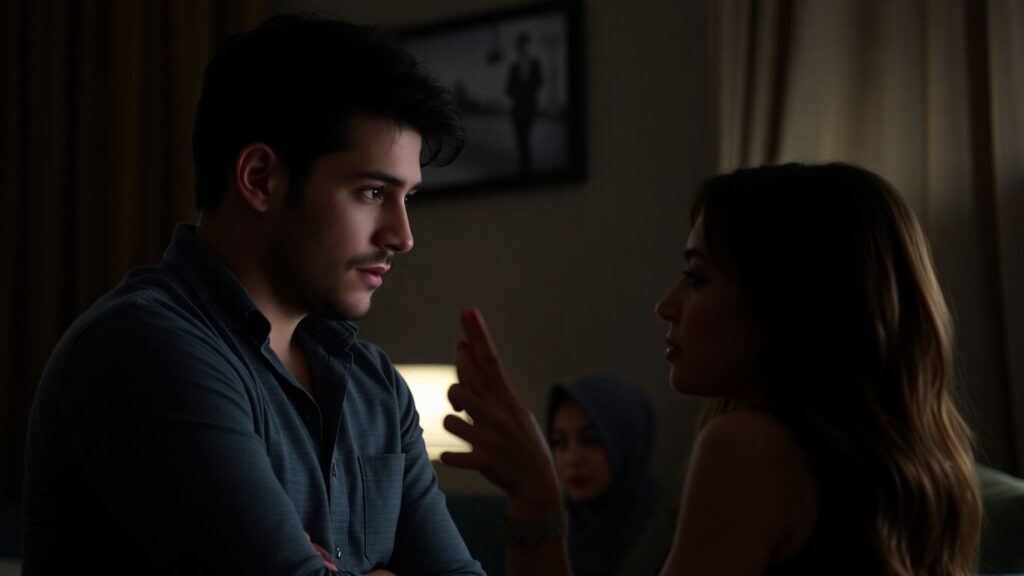 Couple watching partner with another person.