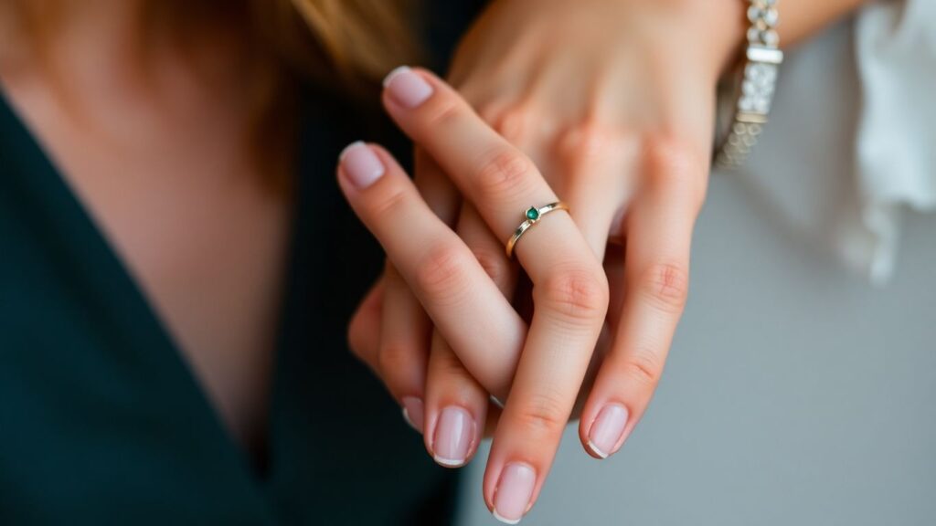 Couple wearing subtle jewelry as discreet identifiers.