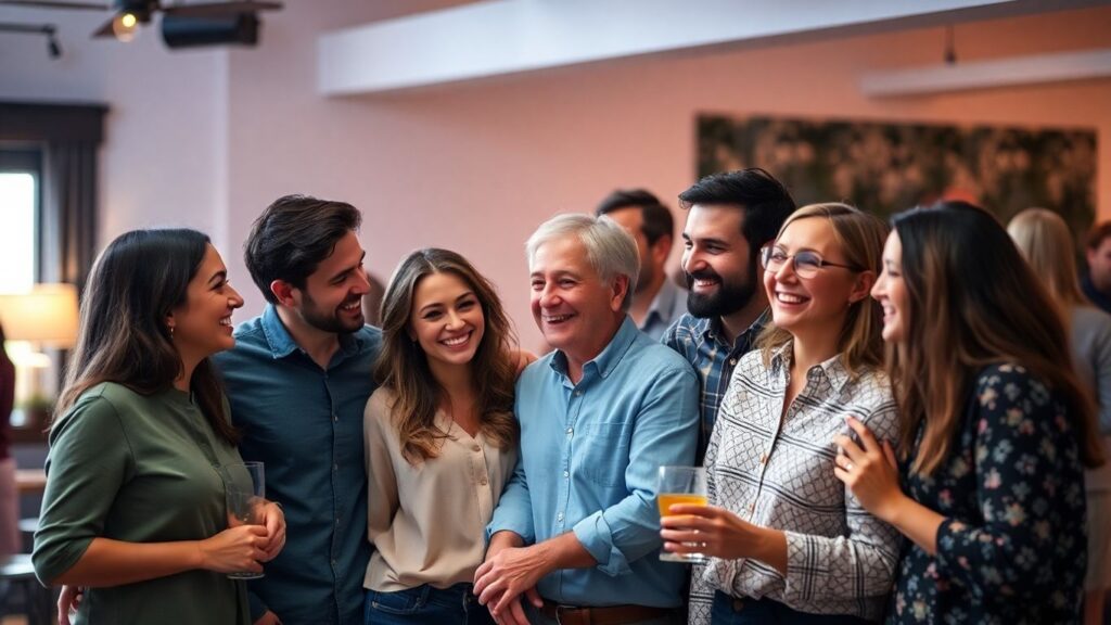 Couples and individuals connecting in a social setting.