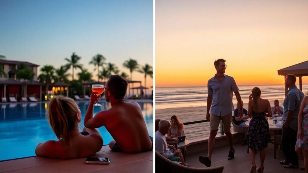 Couples enjoying a resort vacation, socializing and relaxing.