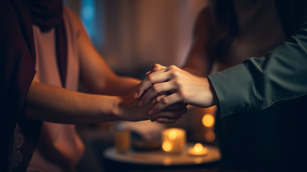 Couple's hands intertwined in intimate, comfortable setting.