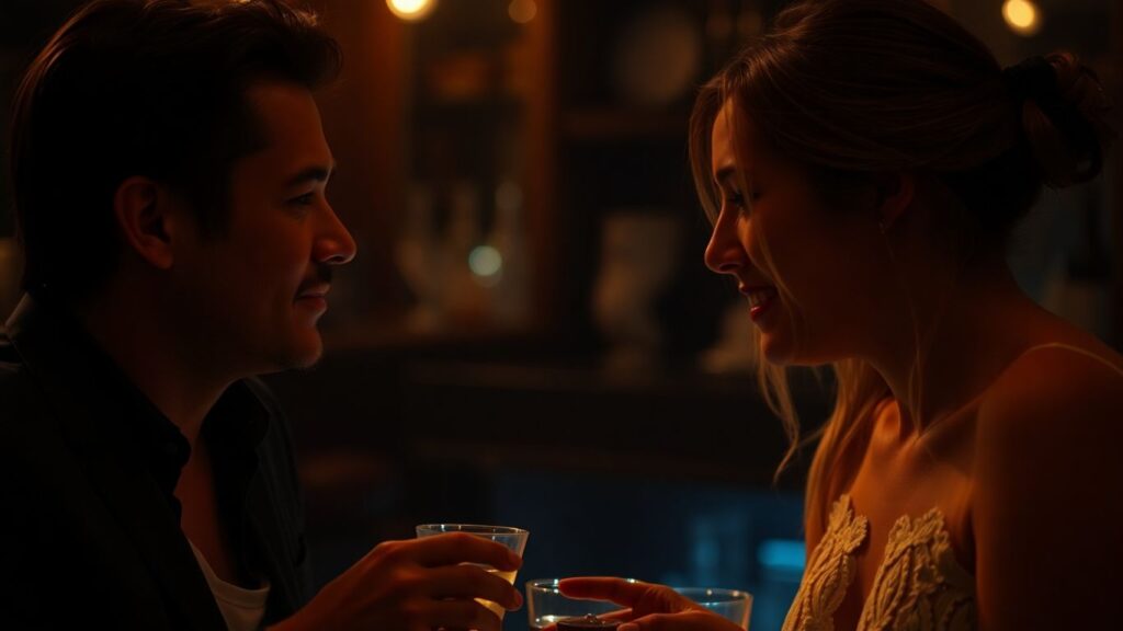 Couples in a dimly lit room exchanging subtle glances.