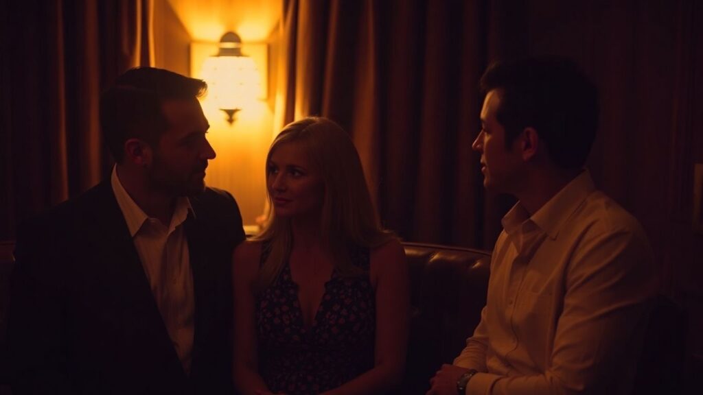 Couples in a discreet, intimate setting exchanging glances.