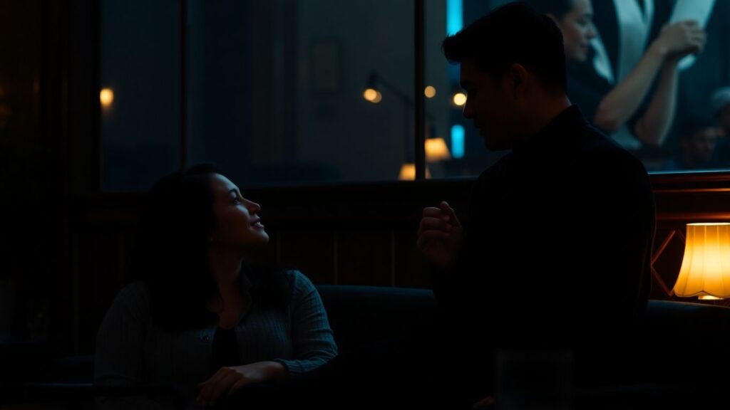 Couples in a lounge sharing knowing glances.