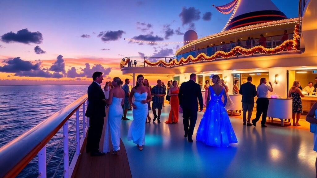 Couples in costumes on a Caribbean cruise ship deck