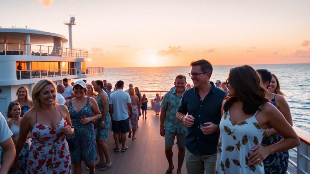 Couples mingle on cruise ship deck at sunset.