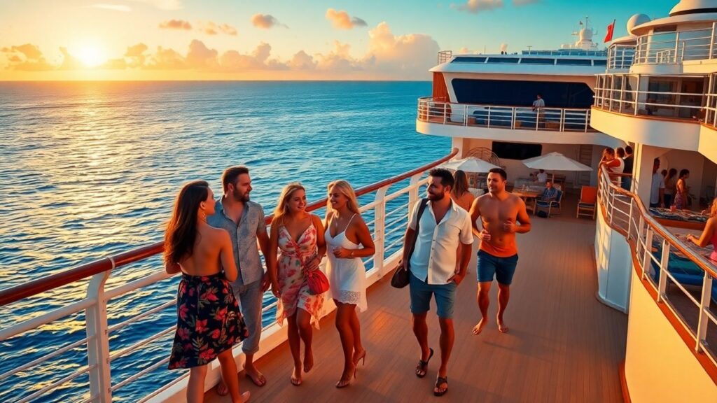 Couples mingling on a Caribbean cruise ship at sunset