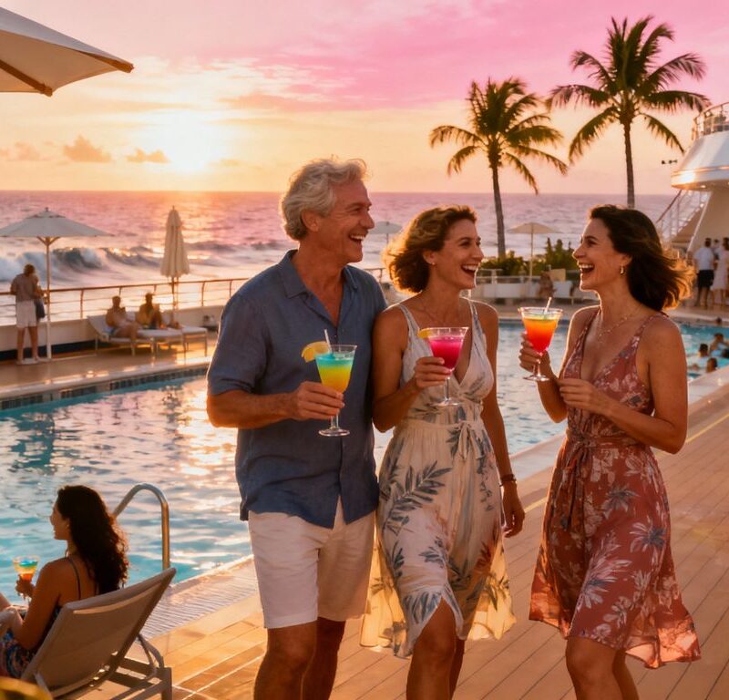 Couples mingling on cruise ship deck at sunset
