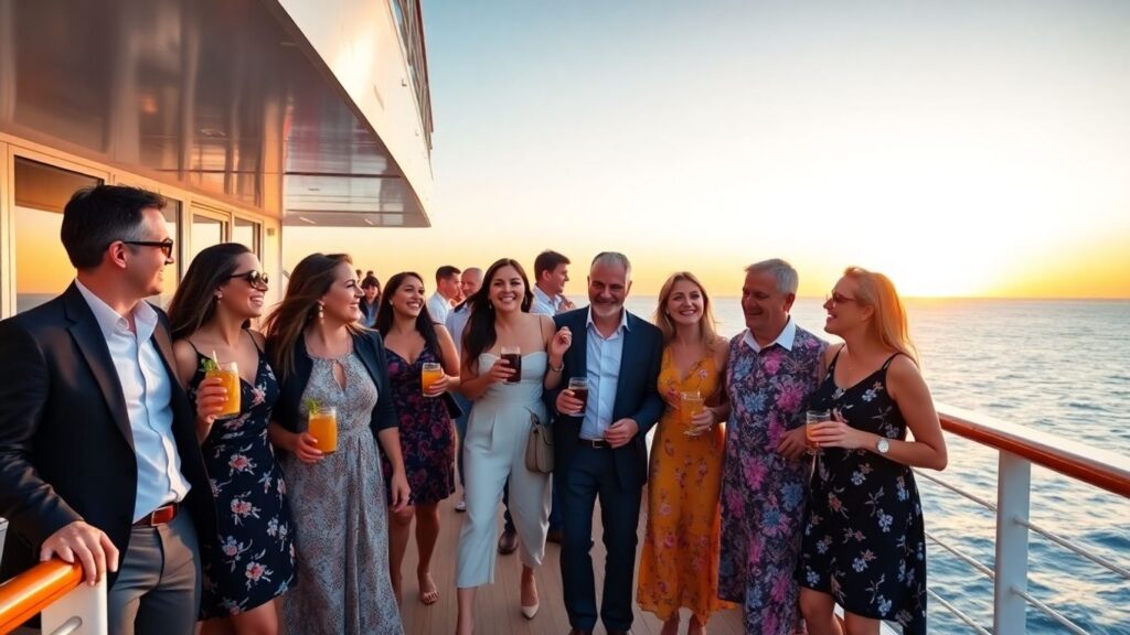Couples of all ages mingling on cruise ship deck