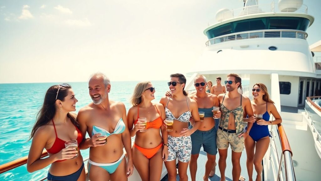Couples of different ages relaxing on cruise ship deck