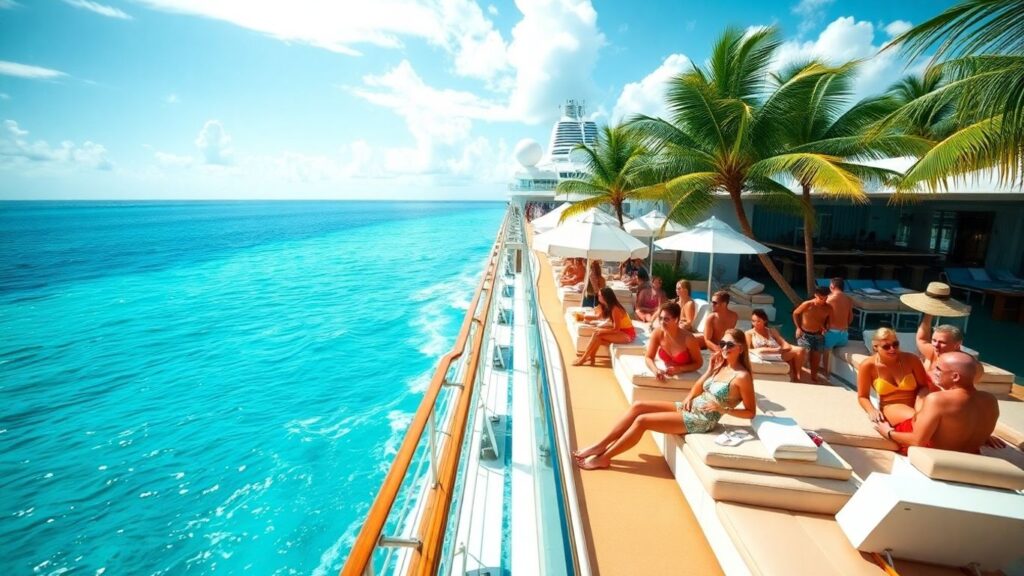 Couples on Caribbean cruise ship enjoying tropical party