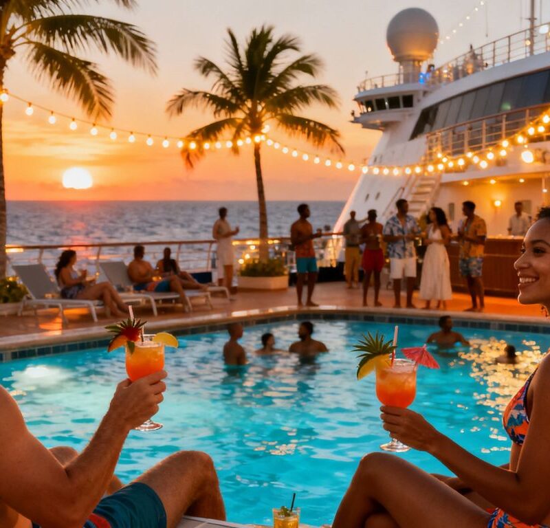 Couples on a luxurious Caribbean cruise ship at sunset