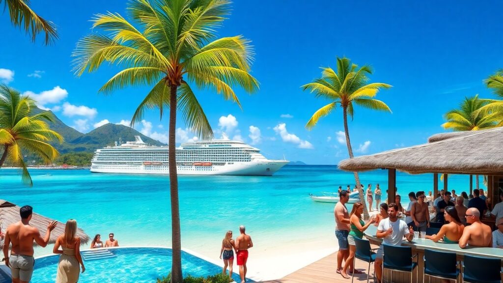 Couples relax at Caribbean beach resort and cruise ship