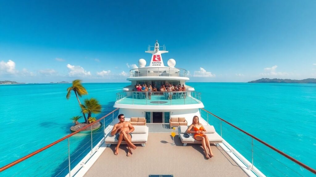 Couples relax on Caribbean cruise ship sun deck.