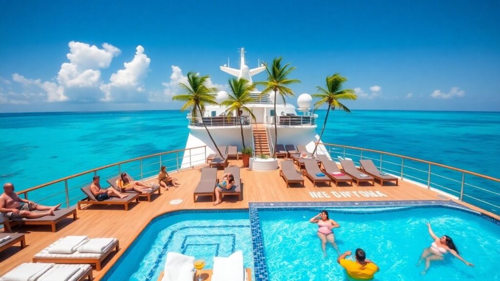 Couples relax on a luxury cruise ship in Caribbean.