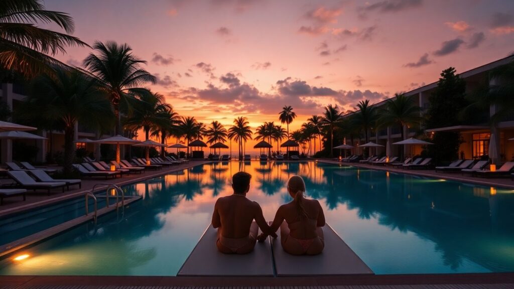Couples relaxing at a luxurious adult-only resort pool.