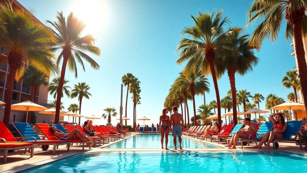 Couples relaxing by a pool at a California resort.