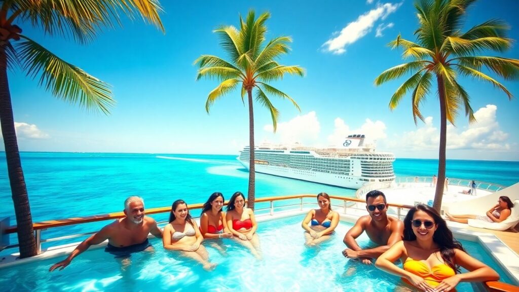 Couples relaxing by pool on Caribbean cruise ship