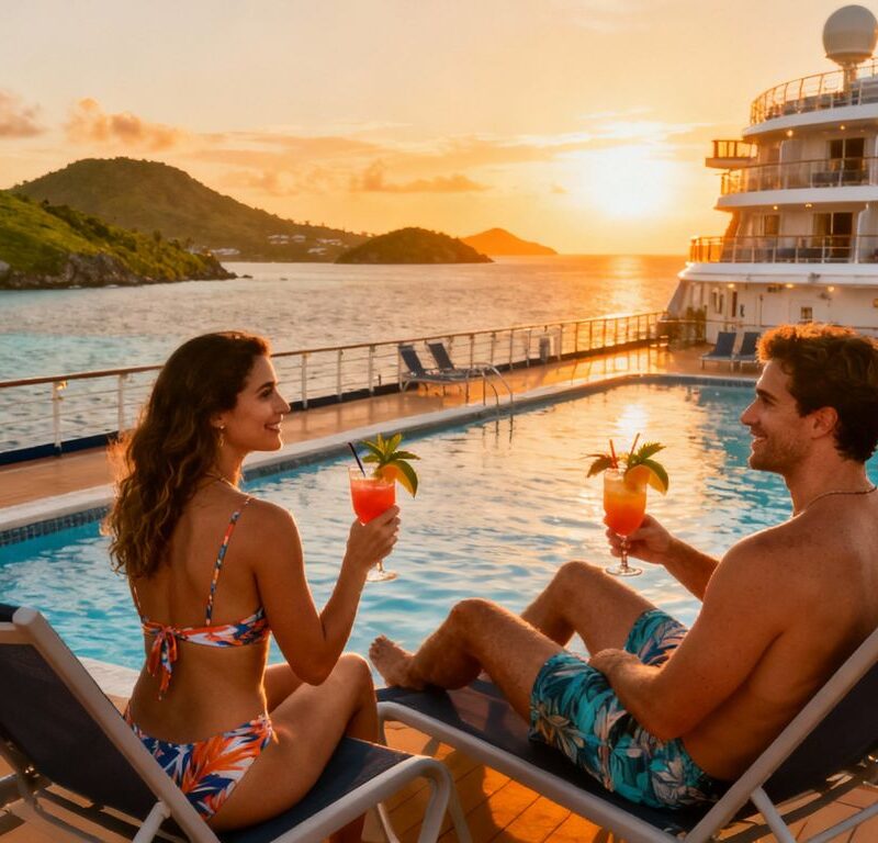 Couples relaxing on Caribbean cruise ship at sunset.