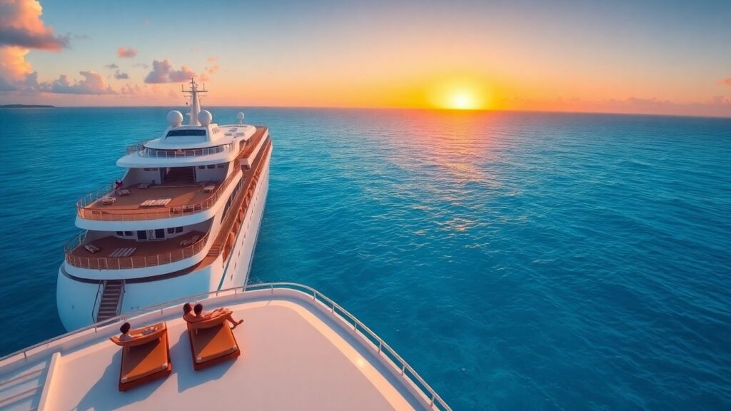 Couples relaxing on Caribbean cruise ship at sunset