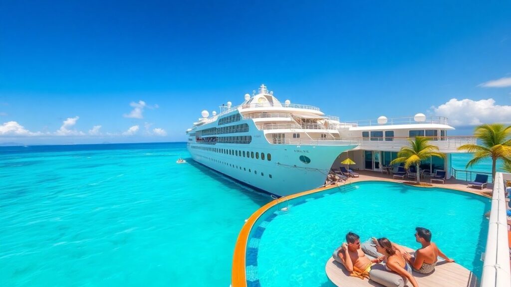 Couples relaxing on Caribbean cruise ship deck