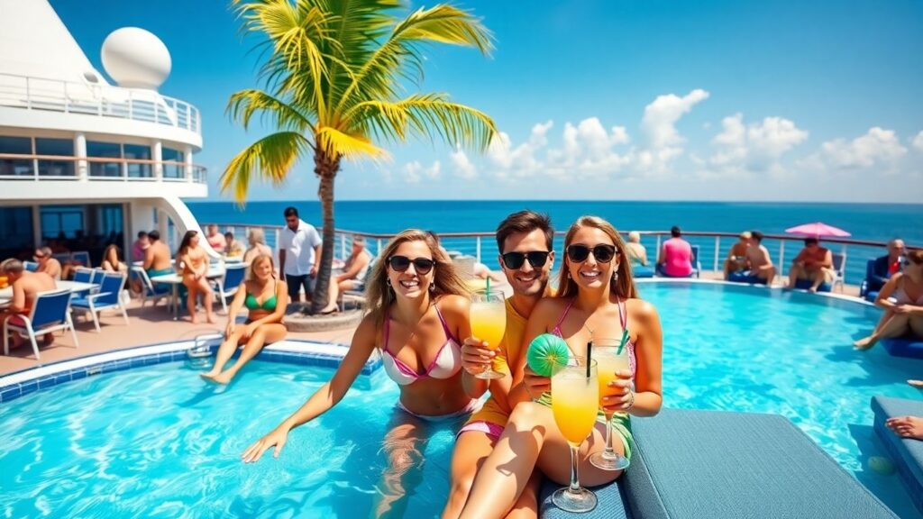 Couples relaxing on Caribbean cruise ship deck by the pool.