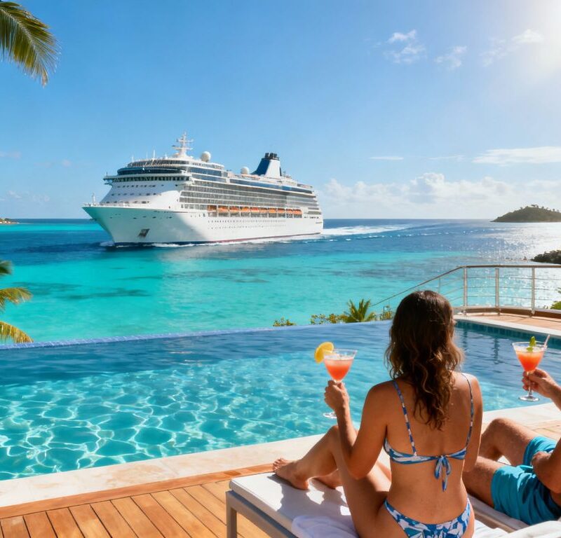 Couples relaxing on Caribbean cruise ship pool deck