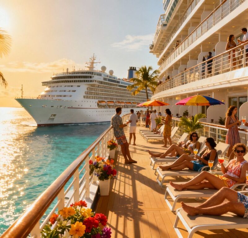 Couples relaxing on cruise ship in Caribbean waters