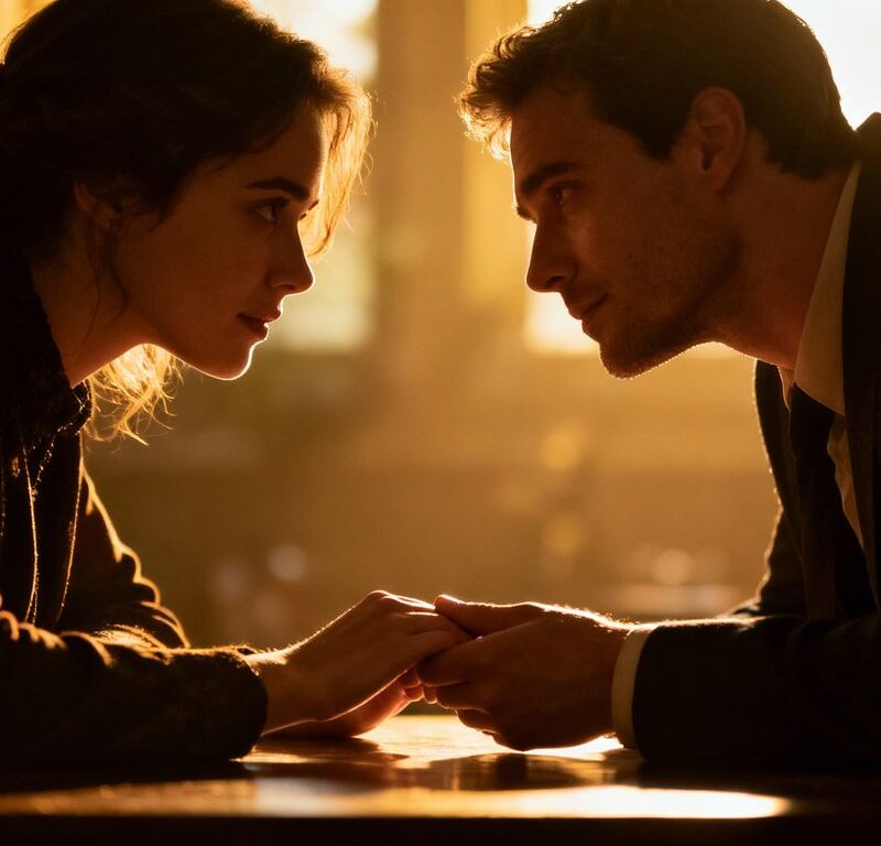 Couples sharing intimate glances and touches in a dimly lit room.