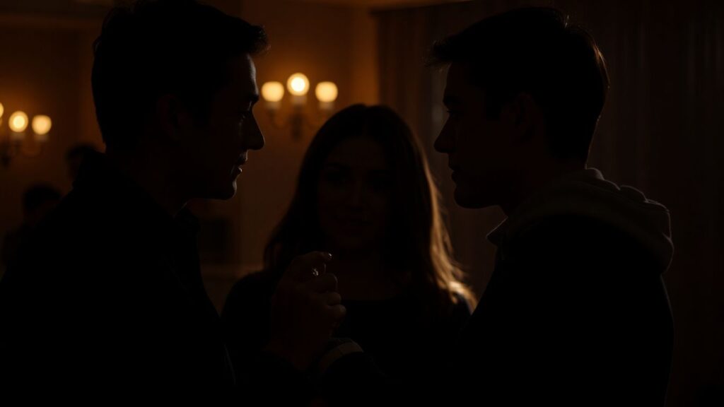 Couples sharing secret glances in a dimly lit room.